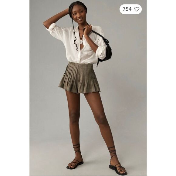 NEW By Anthropologie Moss Pleated Fringed Linen Mini Skirt Skirty Shorts Size 12 - Picture 1 of 5